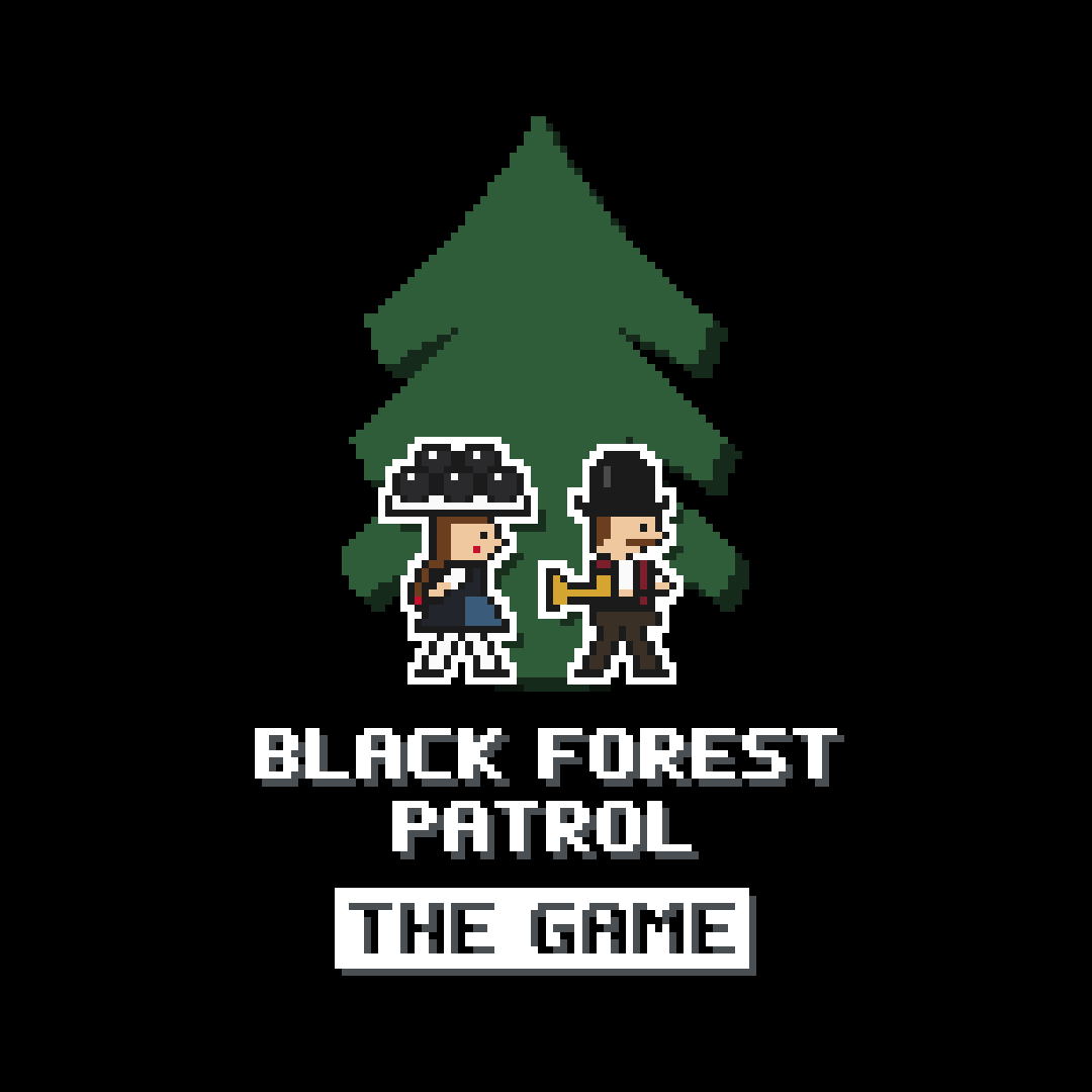 Pixelgrafik zum Spiel Black Forest Patrol – The Game: Marie mit schwarzem Bollenhut und Hannes mit Trompete laufen vor einer großen Tanne, darunter der Schriftzug „Black Forest Patrol – The Game“.