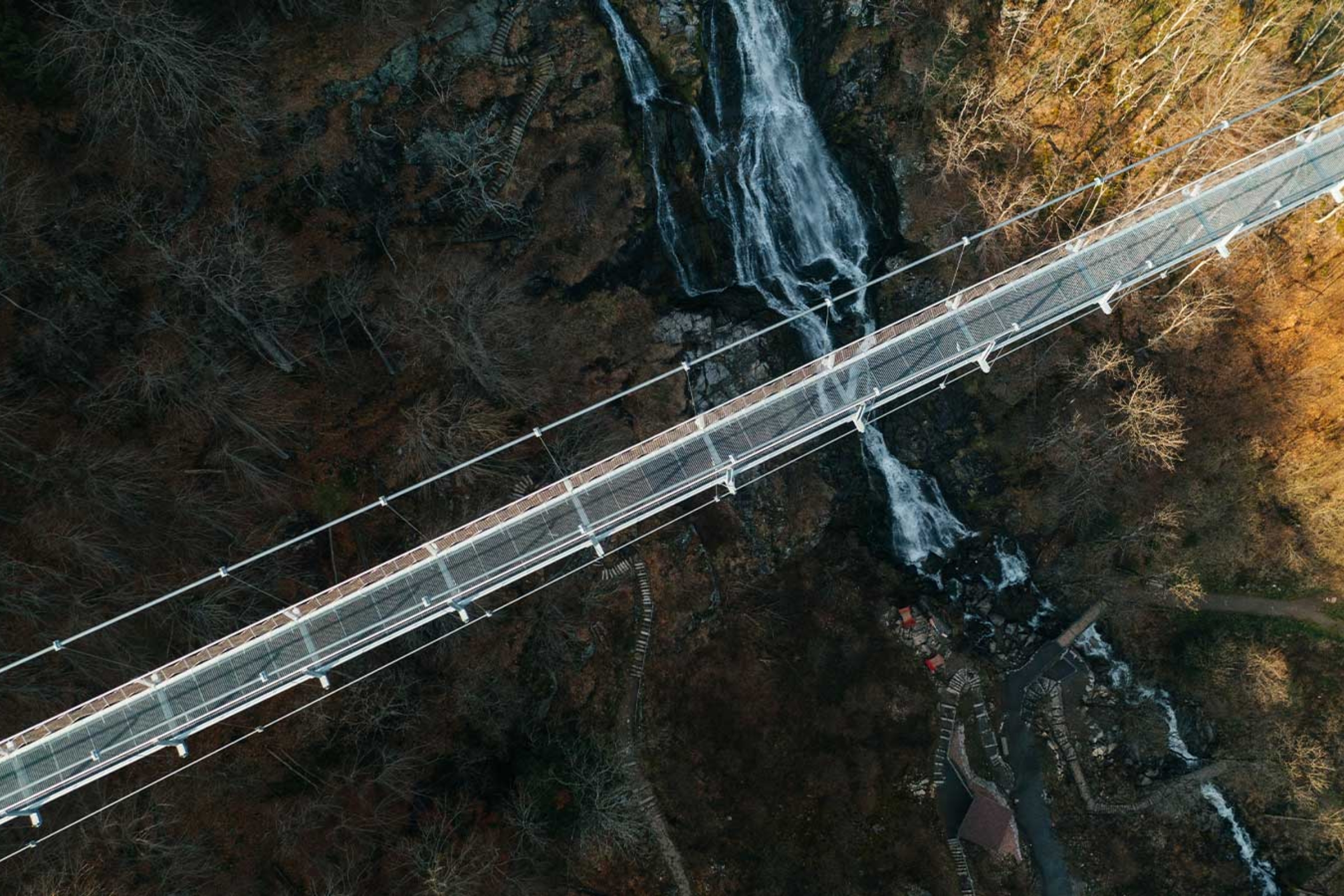 Die Hängebrücke Blackforestline von oben, quer über der Schlucht der Todtnauer Wasserfälle