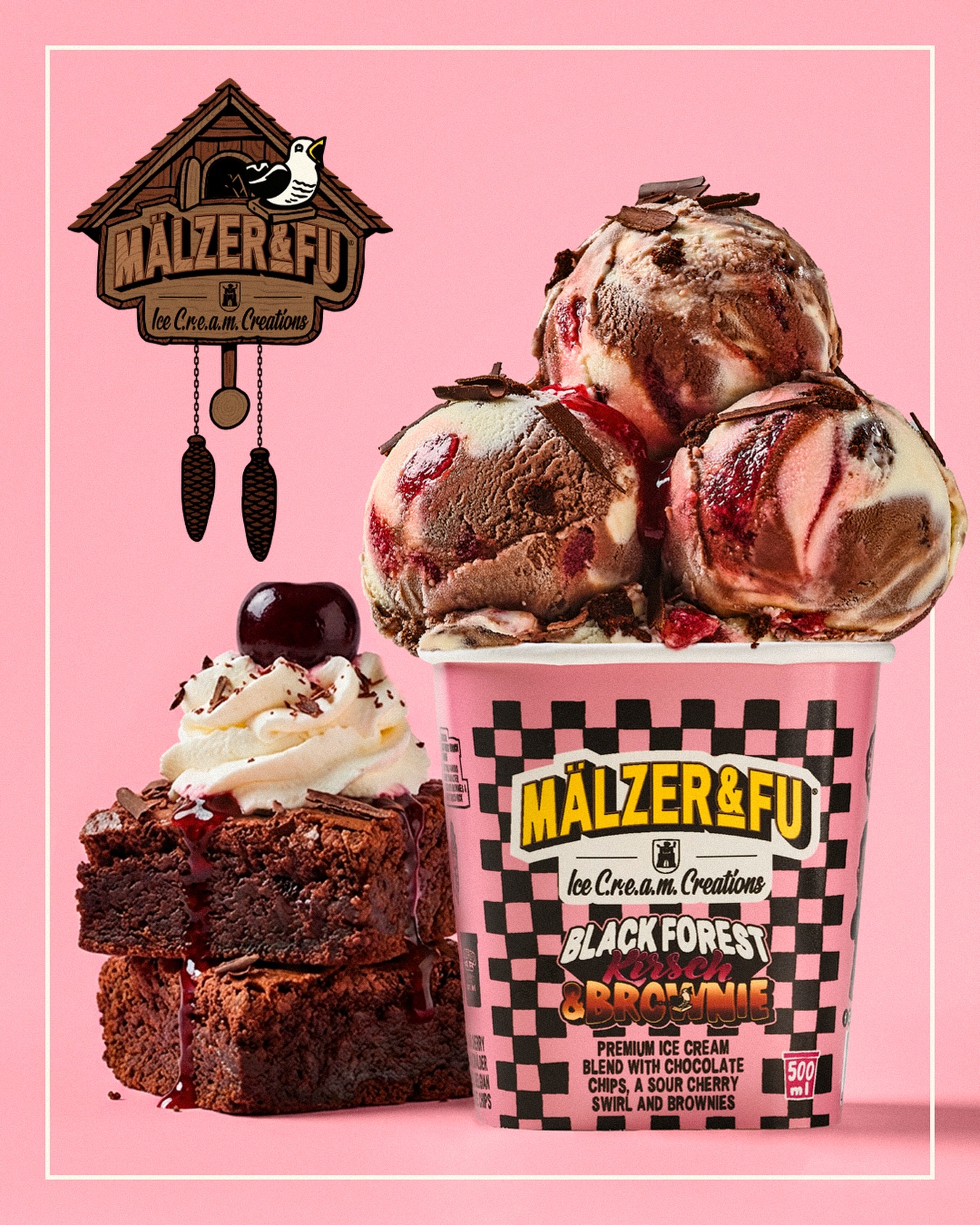 Mälzer & Fu Black Forest Kirsch & Brownie tub with Black Forest cherries and pieces of brownie
