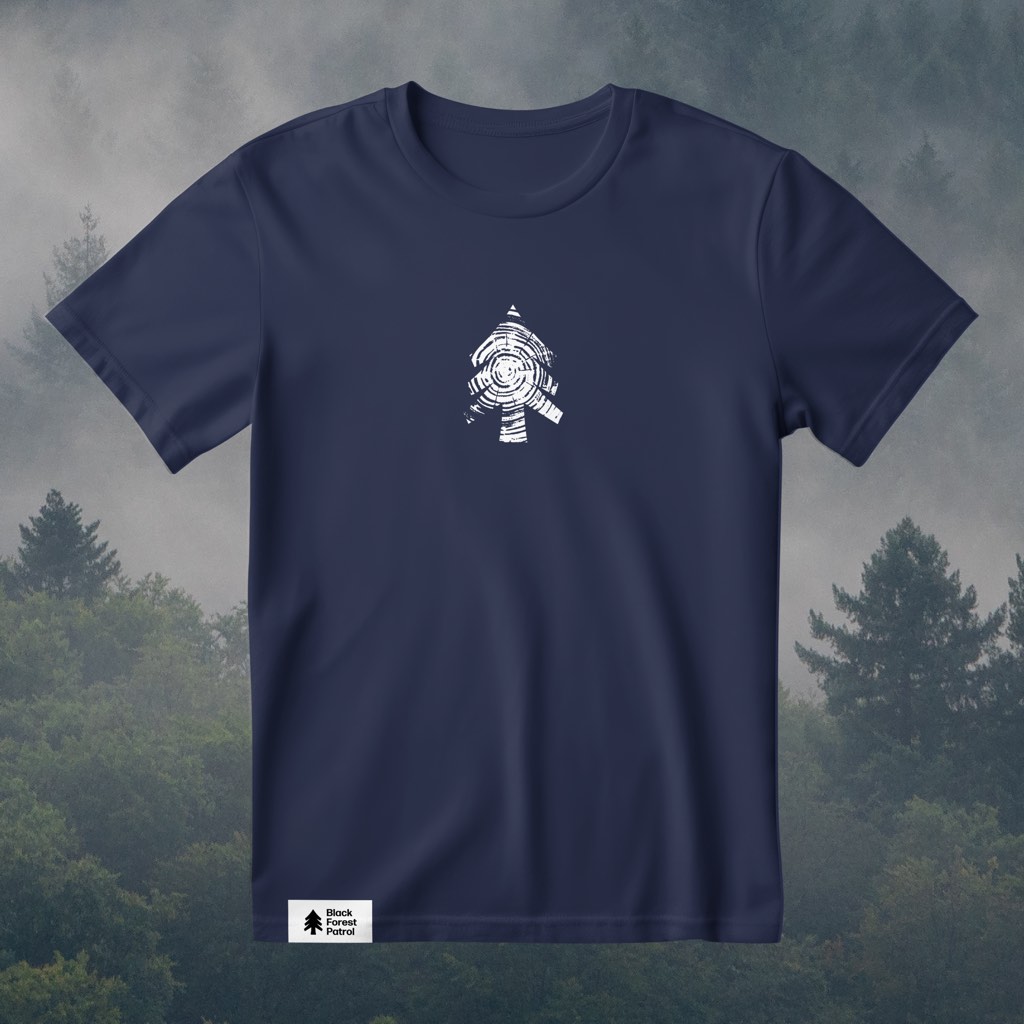 Dunkelblaues T-Shirt mit einer weißen Tanne aus Jahresringen auf der Brust