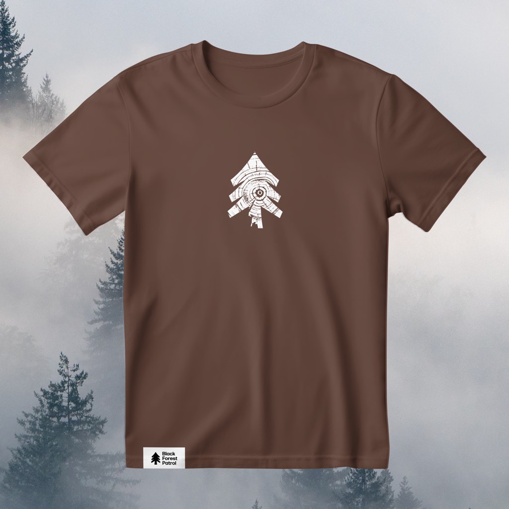 Braunes T-Shirt mit einer weißen Tanne aus Jahresringen auf der Brust