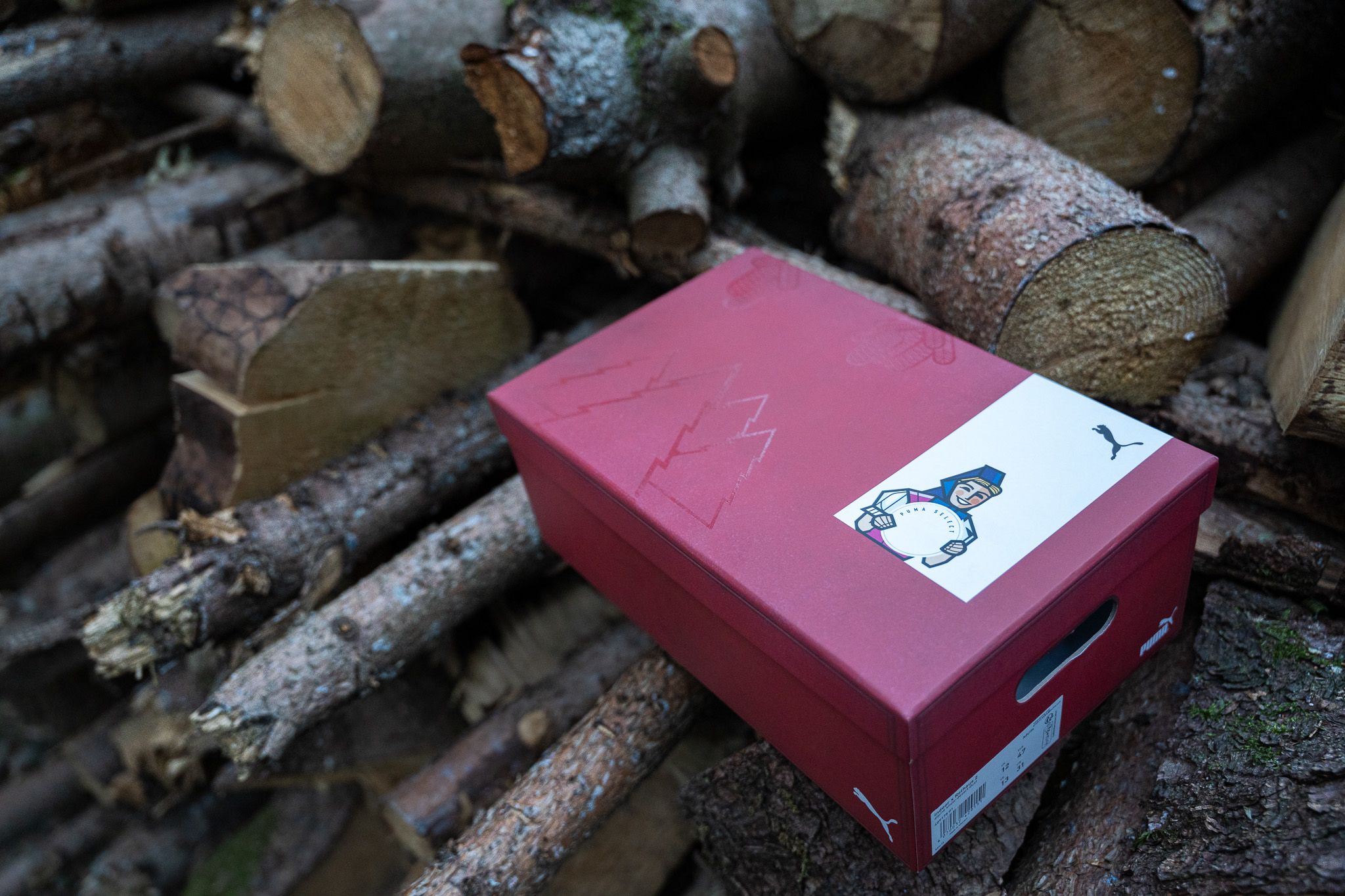 Rote Schuhbox des PUMA x Rothaus Indoor mit geprägten Tannen und Biergit-Etikett auf gestapeltem Holz