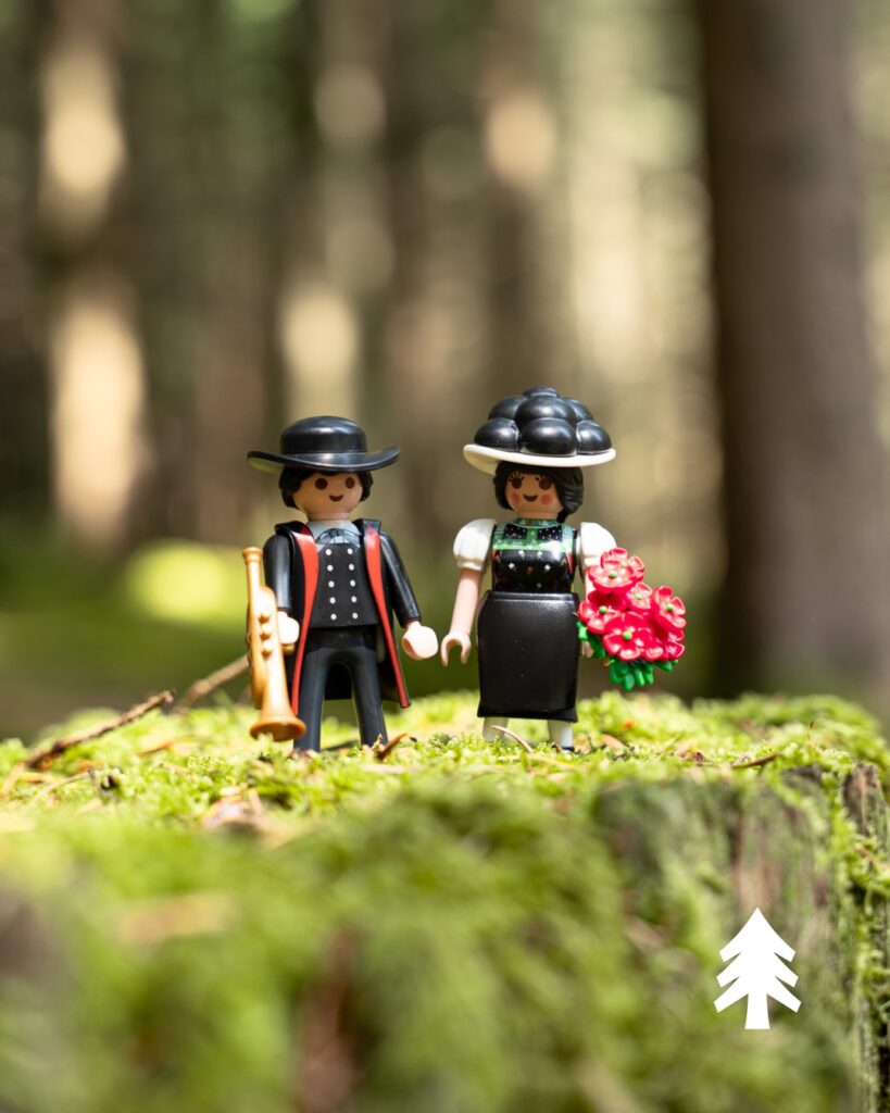 Schwarzwald Marie und Hannes von Playmobil stehen klein auf einem moosbewachsenen Baumstumpf, umgeben von lichtdurchflutetem Wald