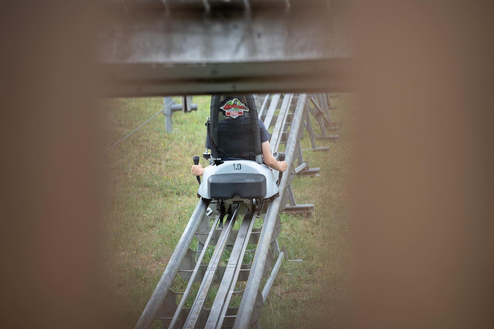 Rodler von hinten auf der Liftauffahrt der Sommerrodelbahn Gutach, Sitzlehne mit dem Logo der Bahn